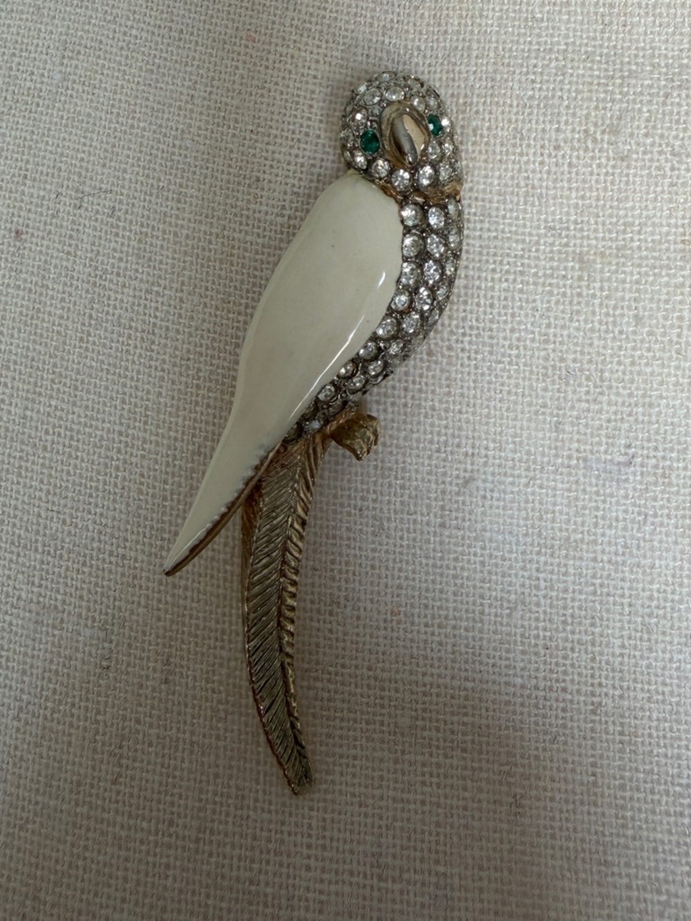 Vintage Parrot Brooch with Cream Enamel and Rhinestones